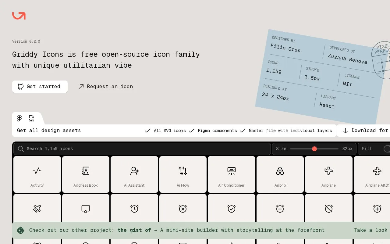 Screenshot of the Griddy Icons homepage