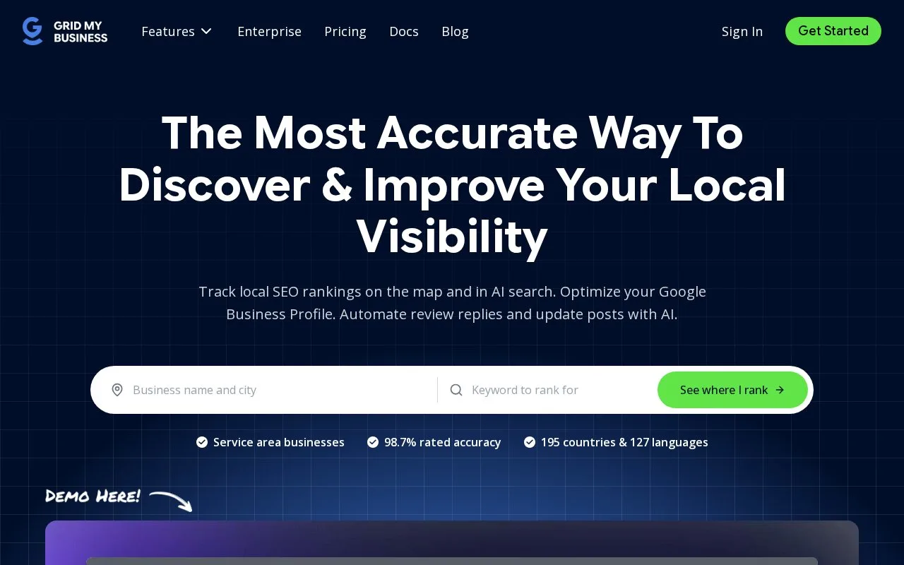 Screenshot of the Grid My Business homepage