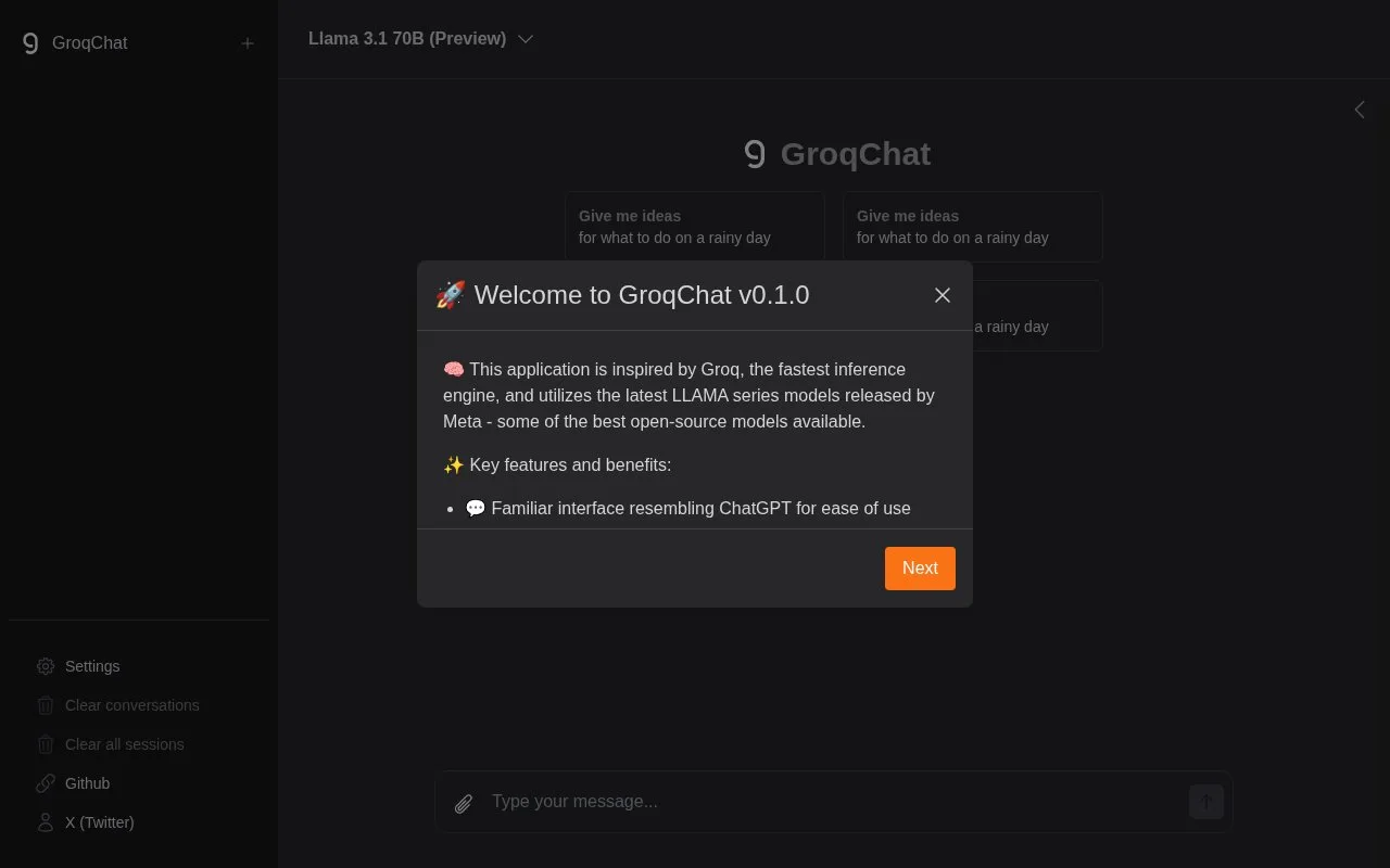 Screenshot of the GroqChat homepage