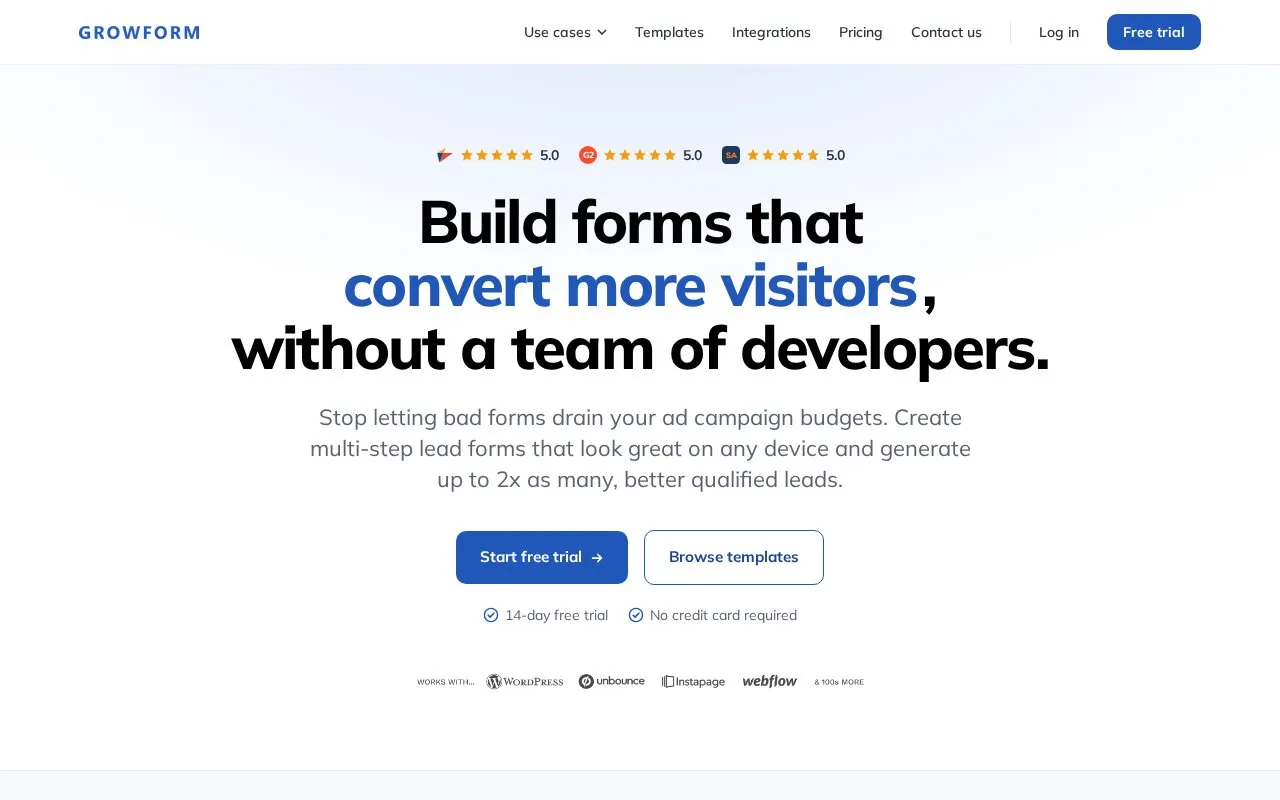 Screenshot of the Growform homepage