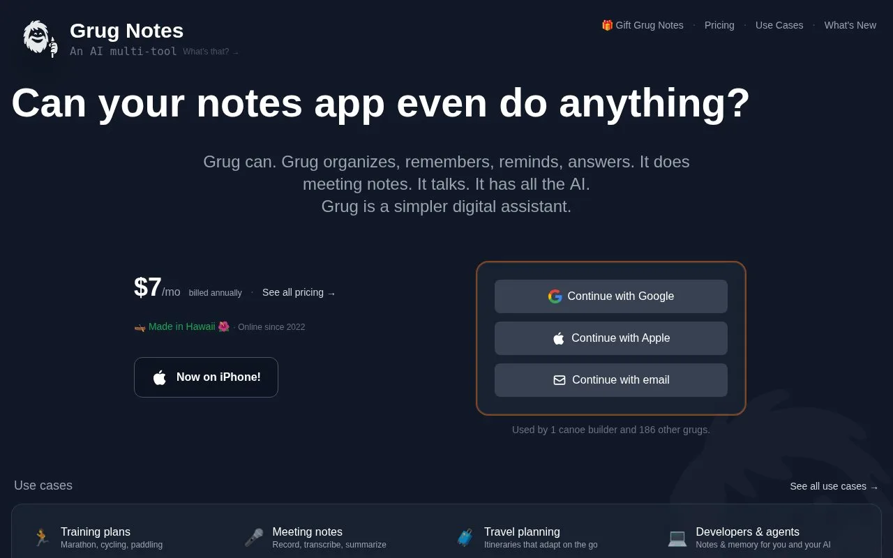 Screenshot of the Grug Notes homepage