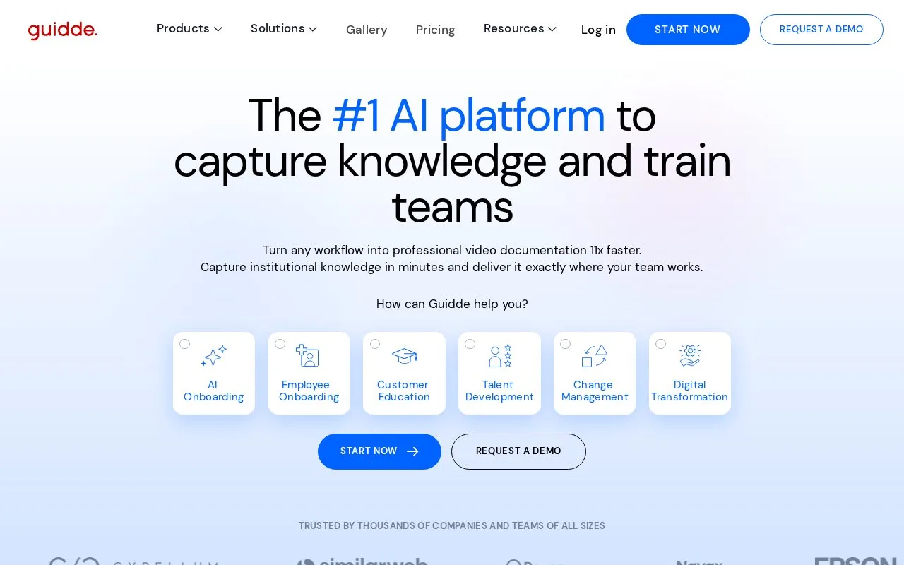 Screenshot of the Guidde homepage