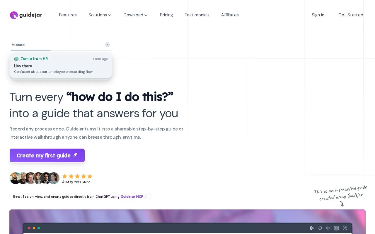 Screenshot of the Guidejar homepage