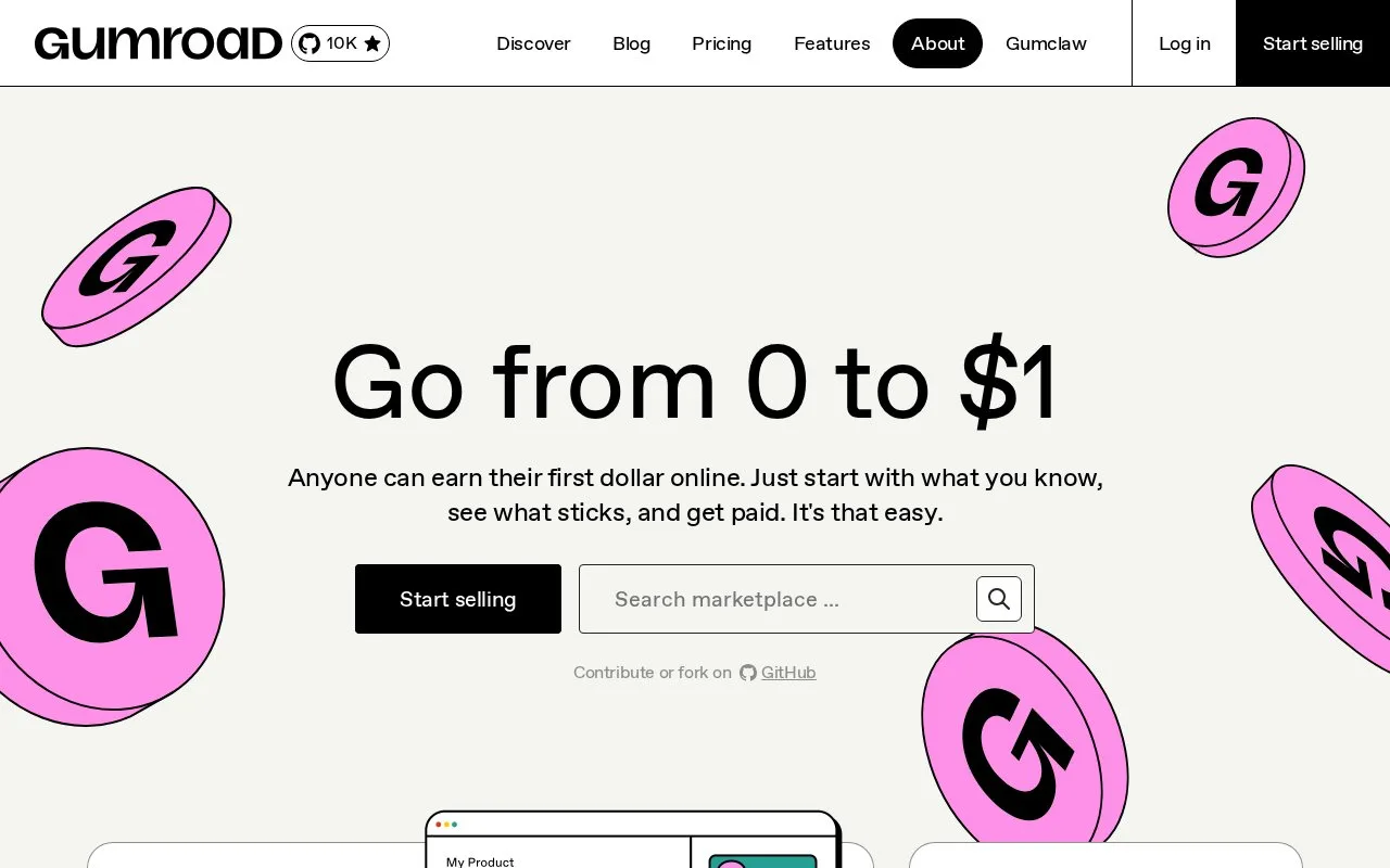 Screenshot of the Gumroad homepage
