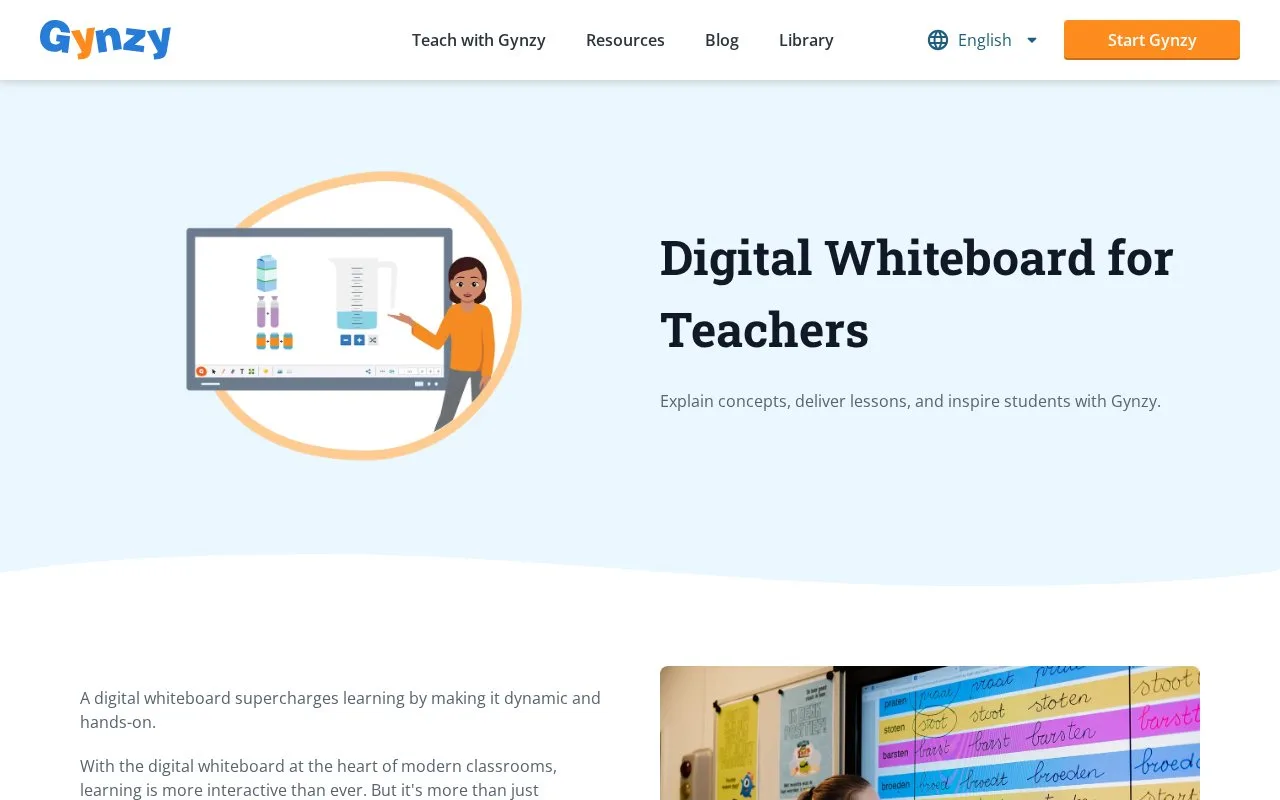 Screenshot of the Gynzy Digital Whiteboard homepage