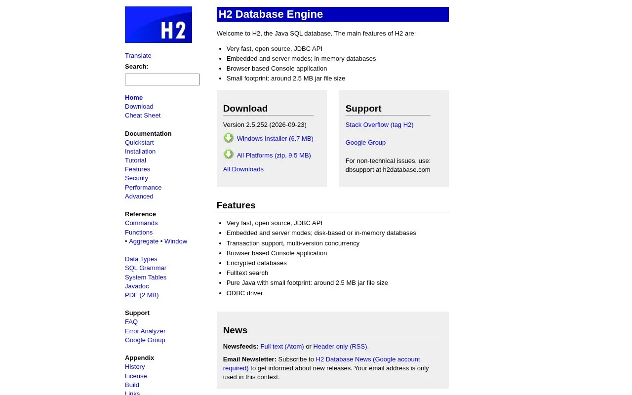 Screenshot of the H2 Database Engine homepage