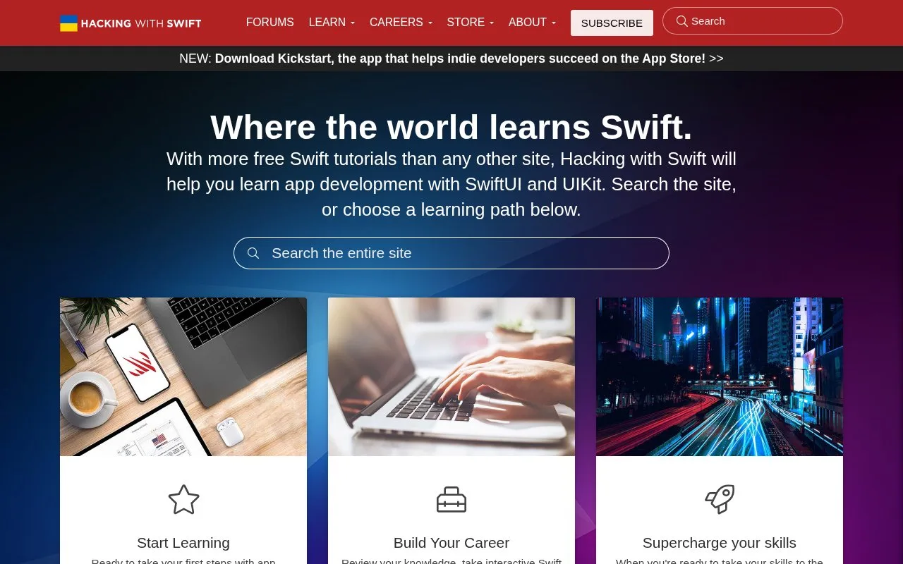 Screenshot of the Hacking with Swift homepage