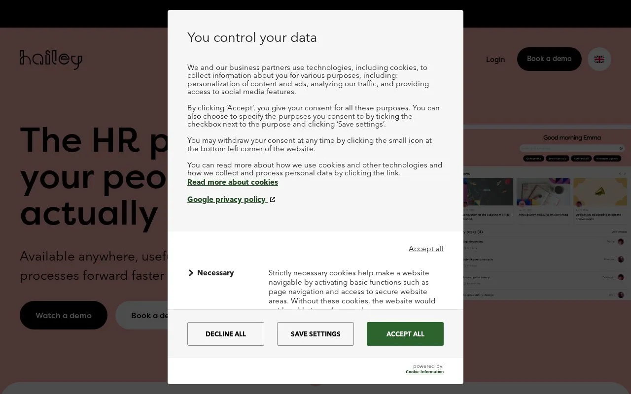 Screenshot of the Hailey HR homepage