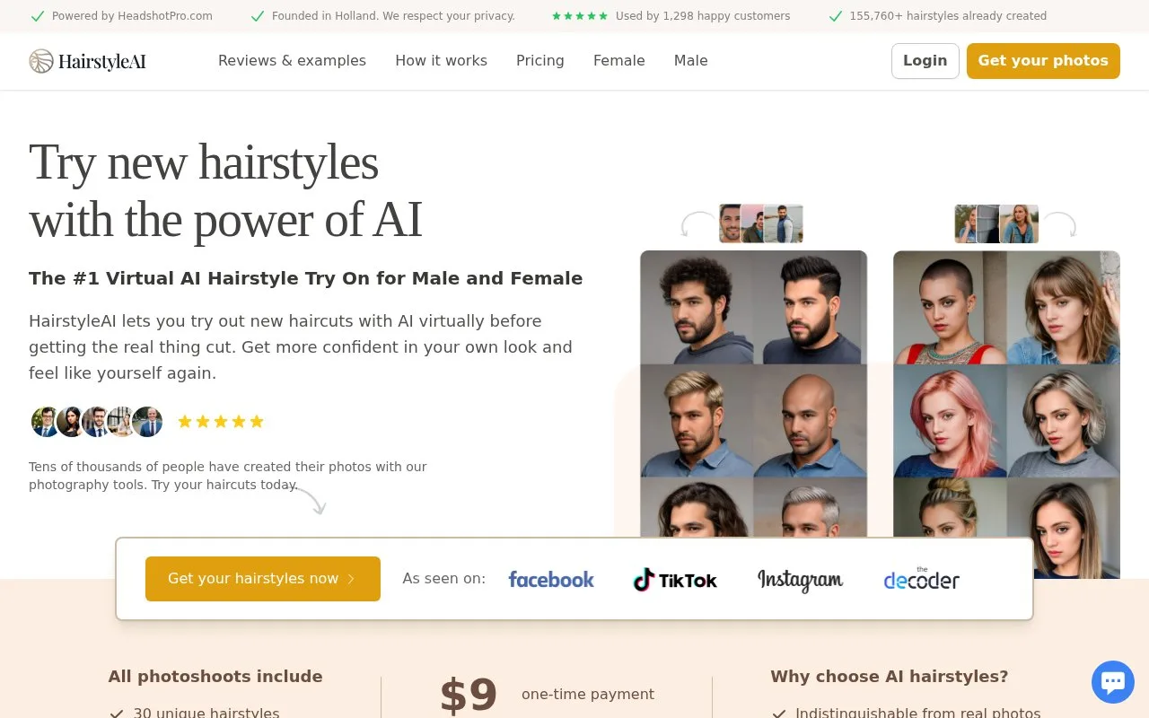 Screenshot of the HairstyleAI homepage