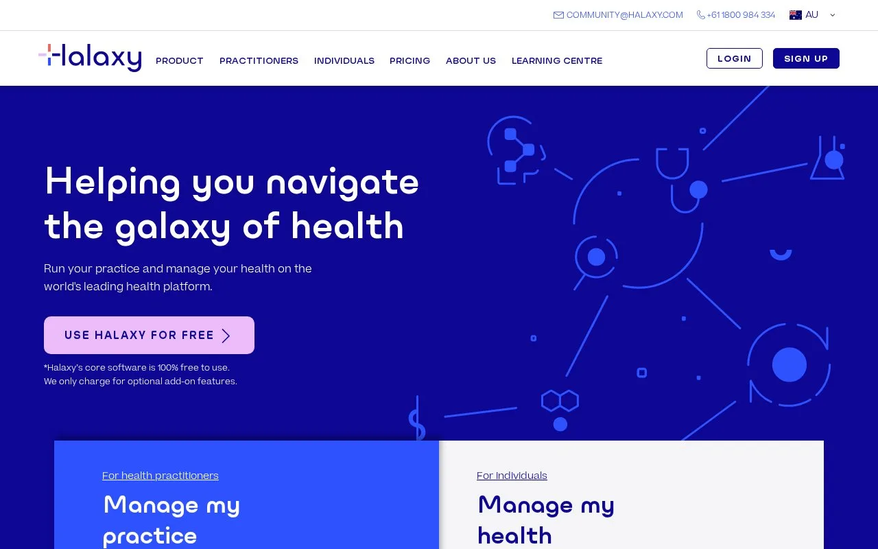 Screenshot of the Halaxy homepage