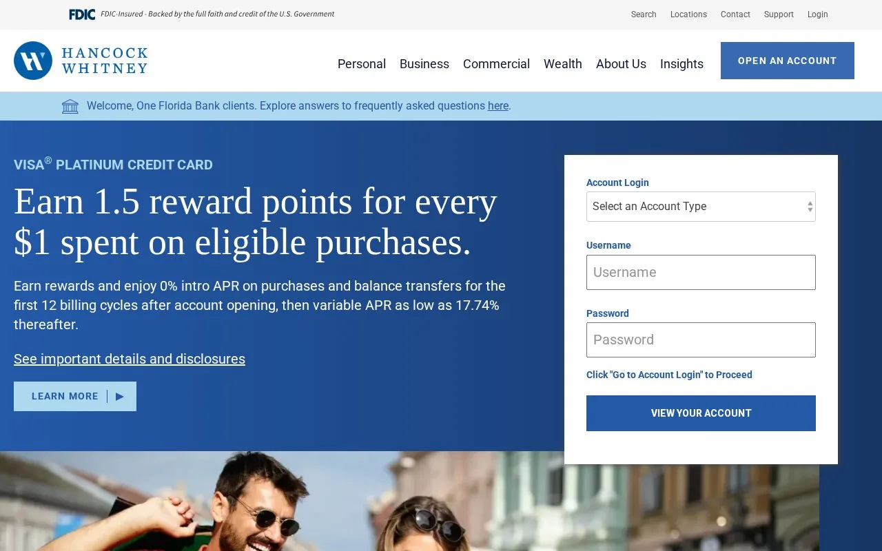 Screenshot of the Hancock Whitney homepage