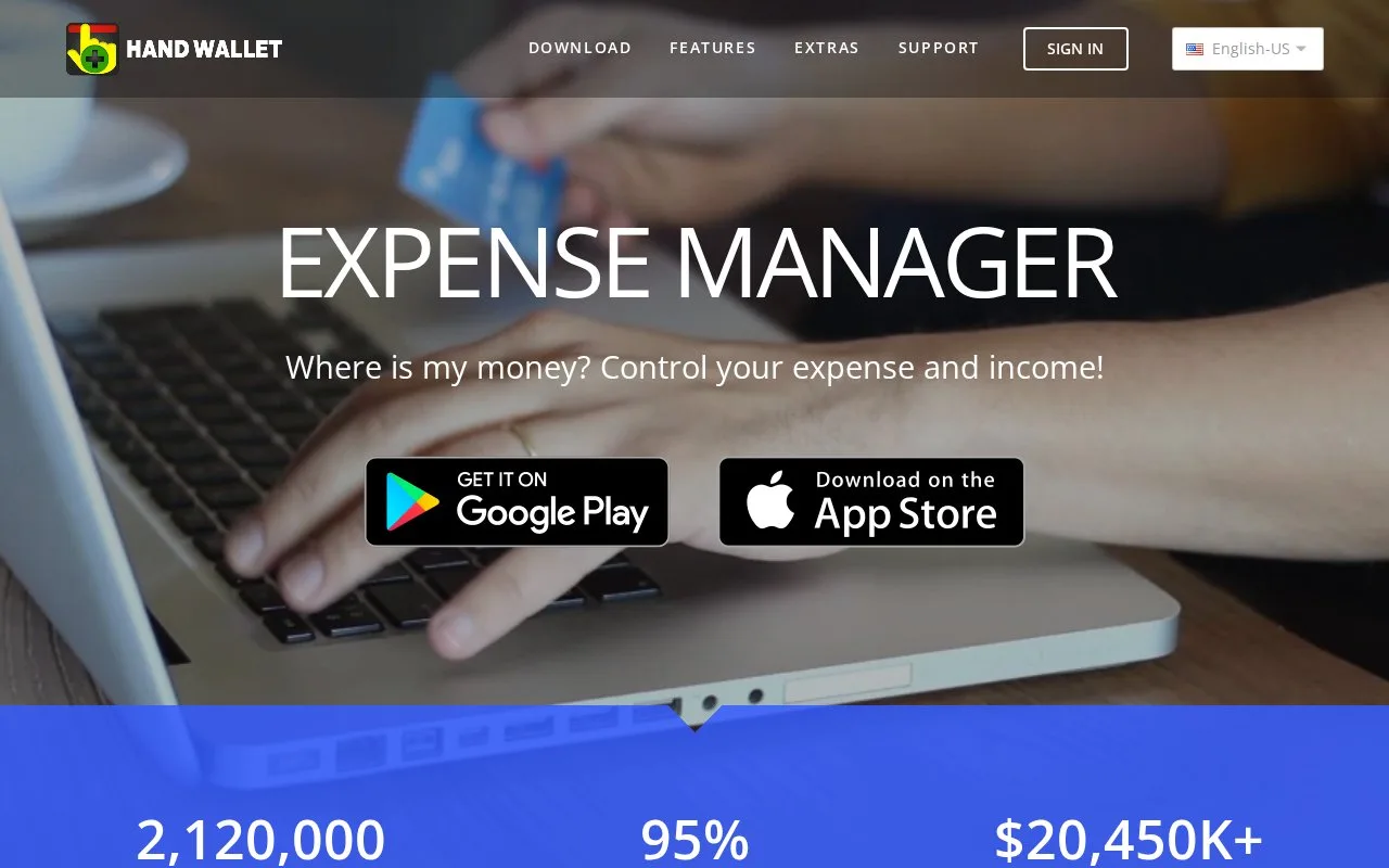 Screenshot of the HandWallet Expense Manager homepage