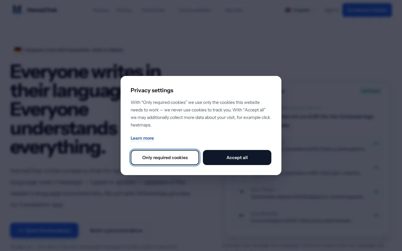 Screenshot of the HansaChat homepage