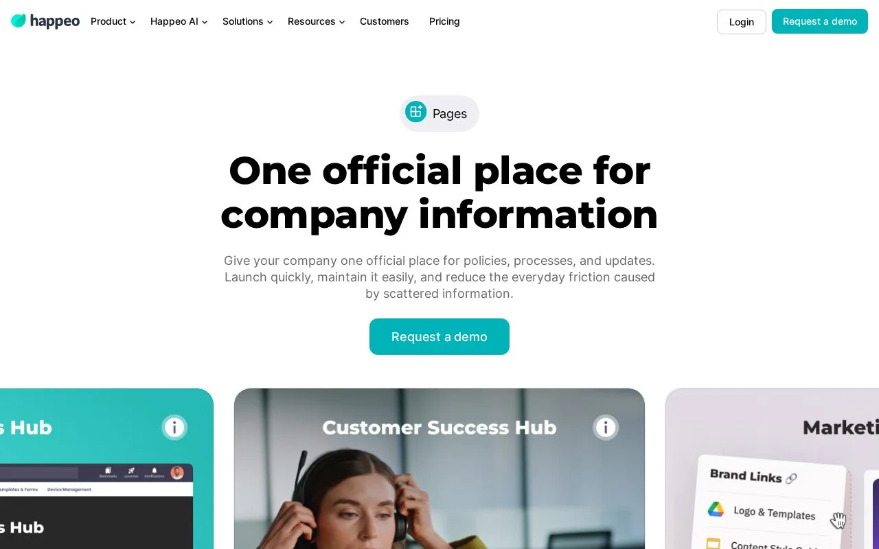 Screenshot of the Happeo Pages homepage