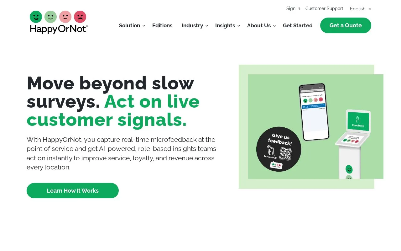 Screenshot of the HappyOrNot homepage