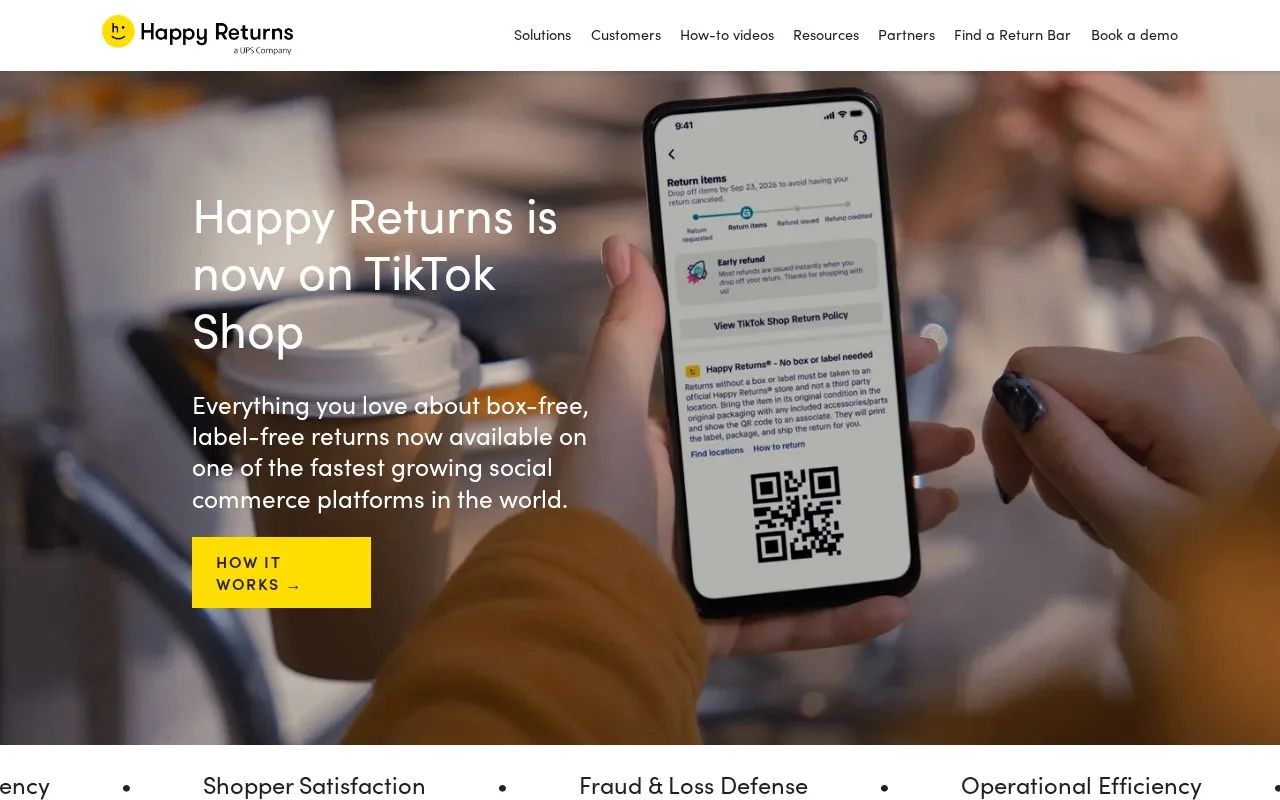 Screenshot of the Happy Returns homepage