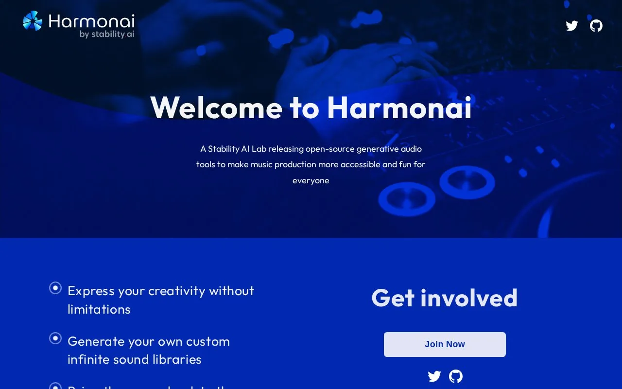 Screenshot of the Harmonai homepage