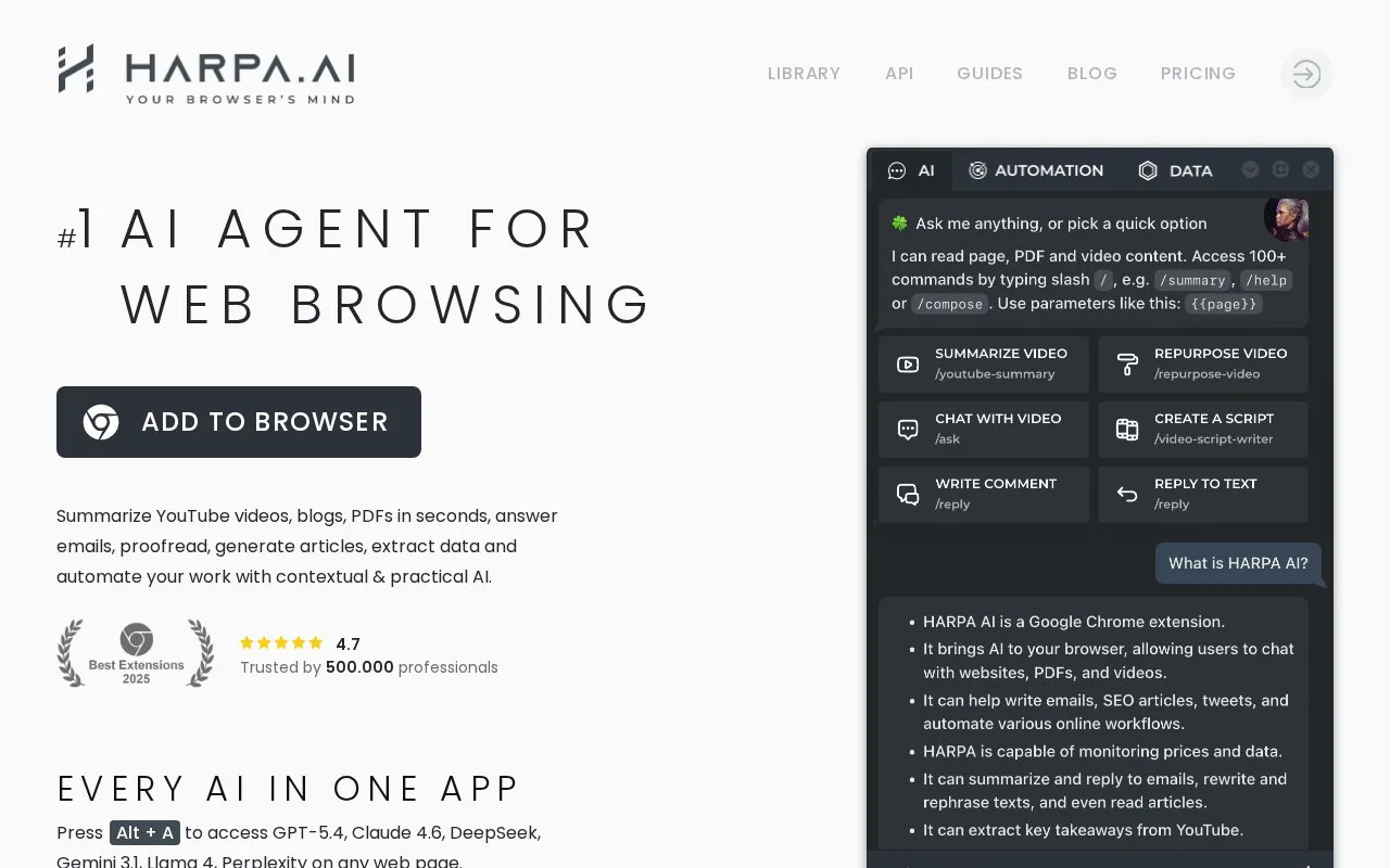 Screenshot of the HARPA AI homepage