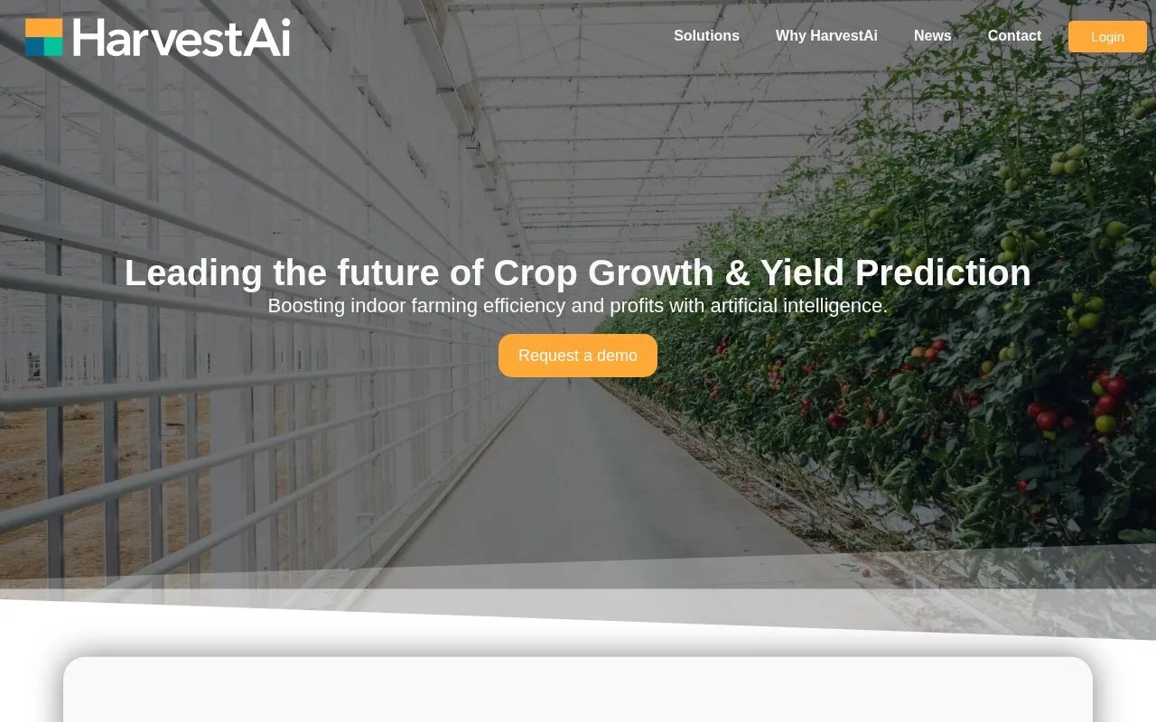Screenshot of the HarvestAi homepage