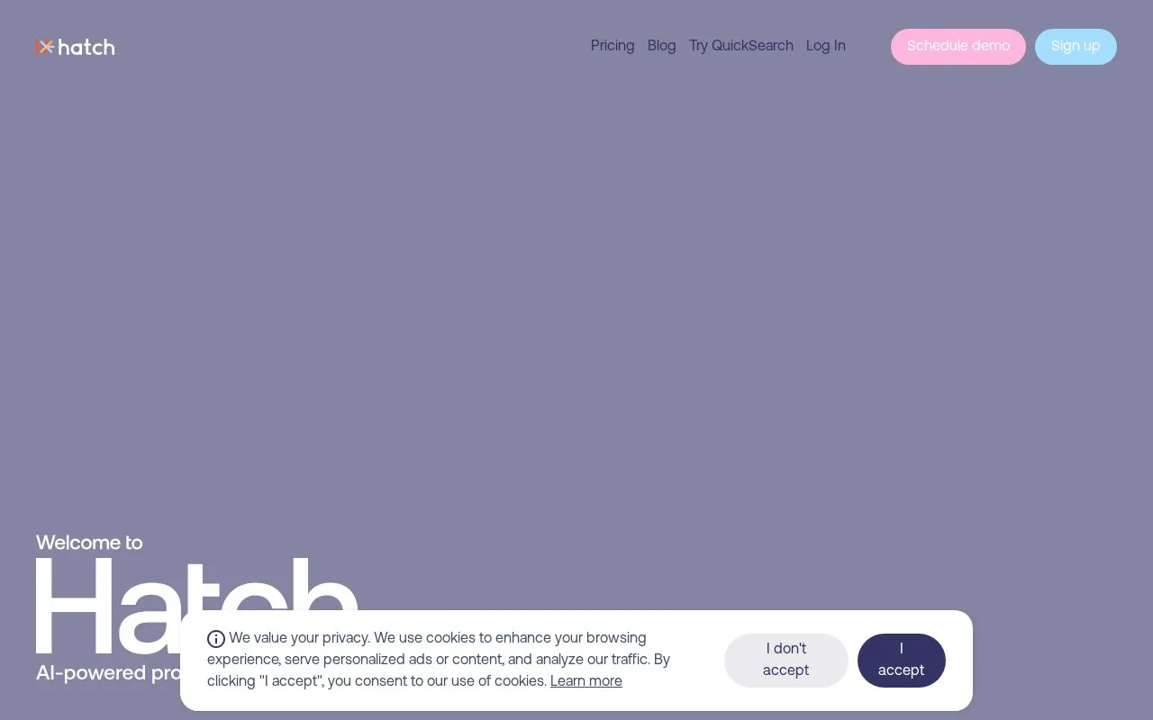 Screenshot of the Hatch homepage