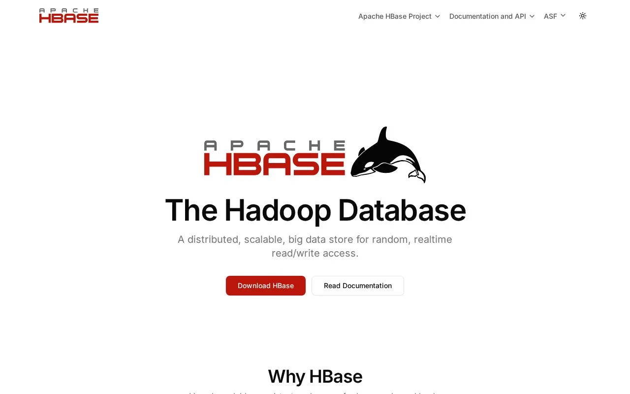 Screenshot of the Apache HBase homepage
