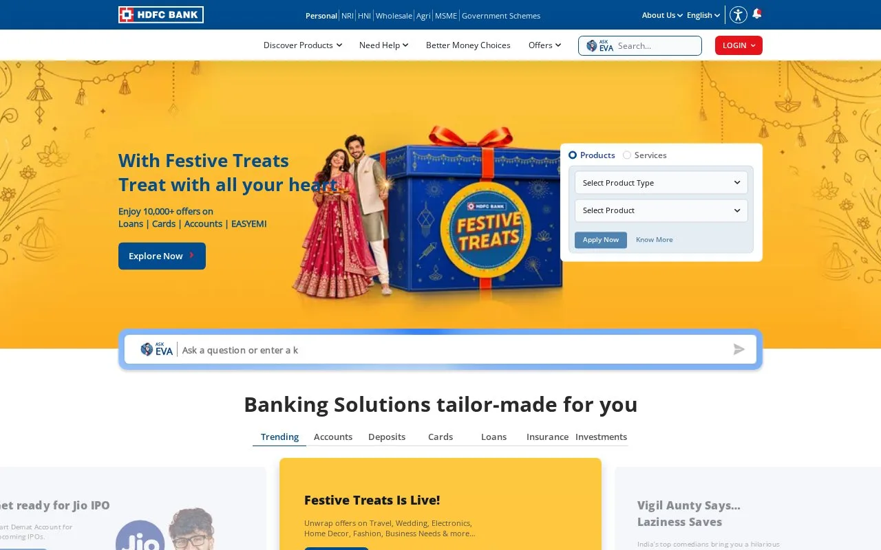 Screenshot of the HDFC Bank homepage