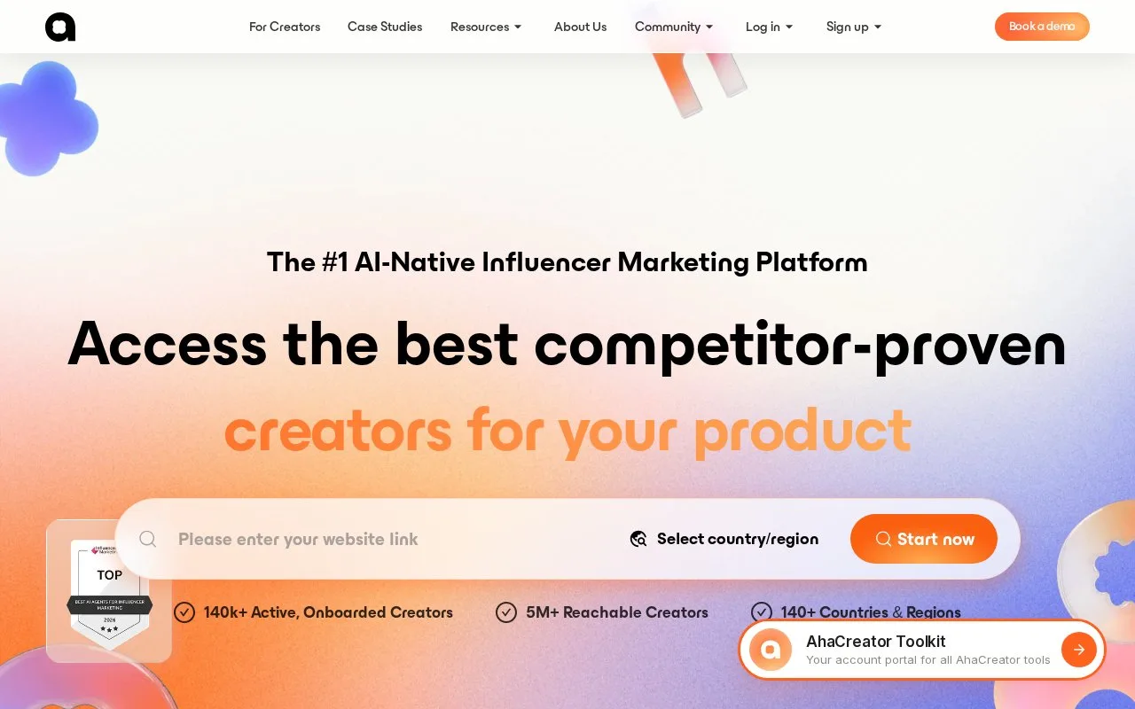 Screenshot of the AhaCreator homepage