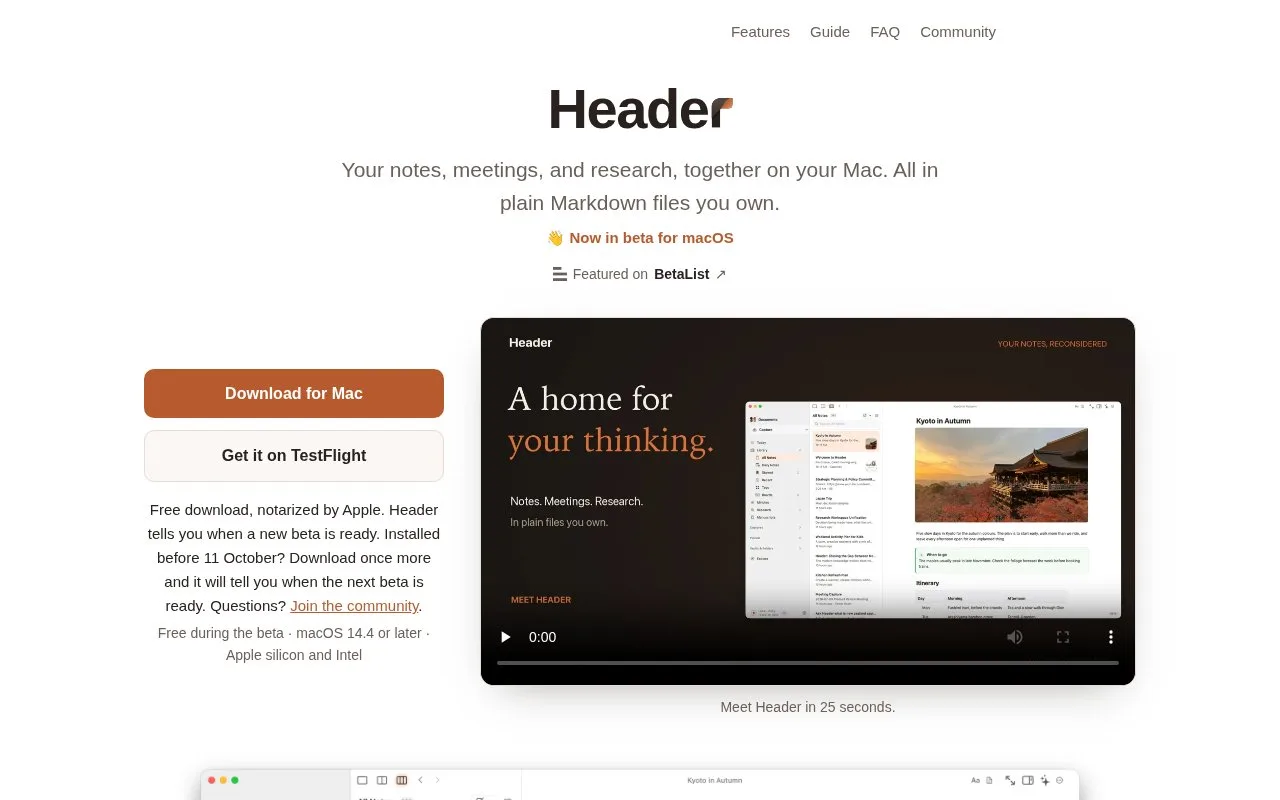 Screenshot of the HeaderNotes homepage