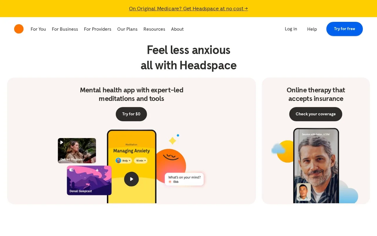 Screenshot of the Headspace homepage