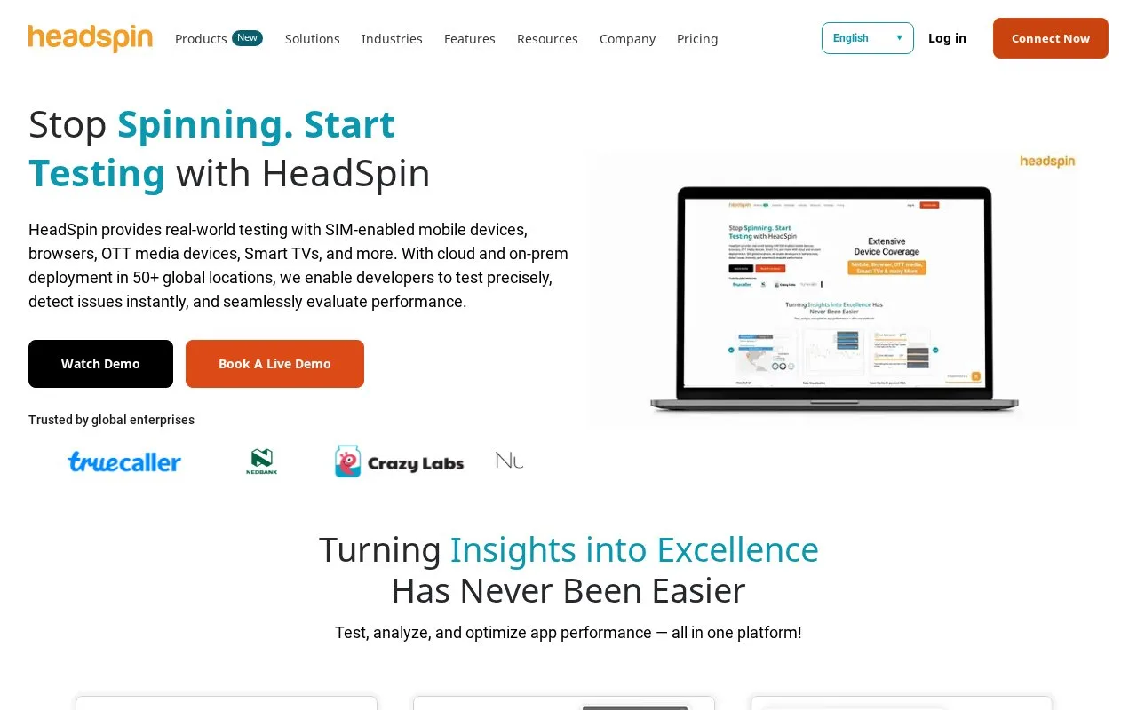 Screenshot of the HeadSpin homepage