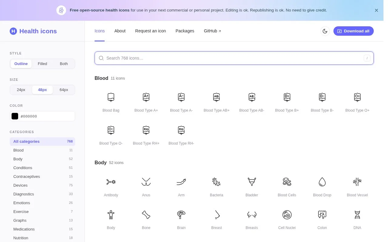 Screenshot of the Health Icons homepage