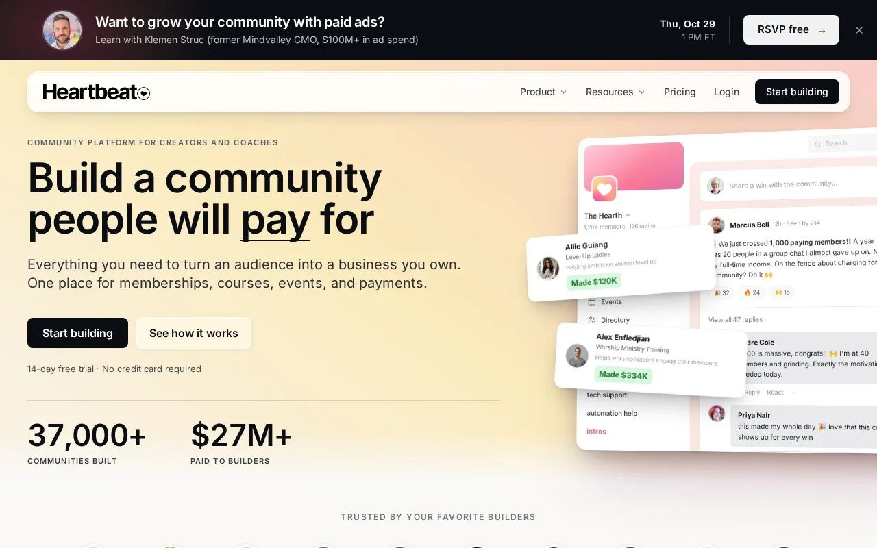 Screenshot of the Heartbeat homepage