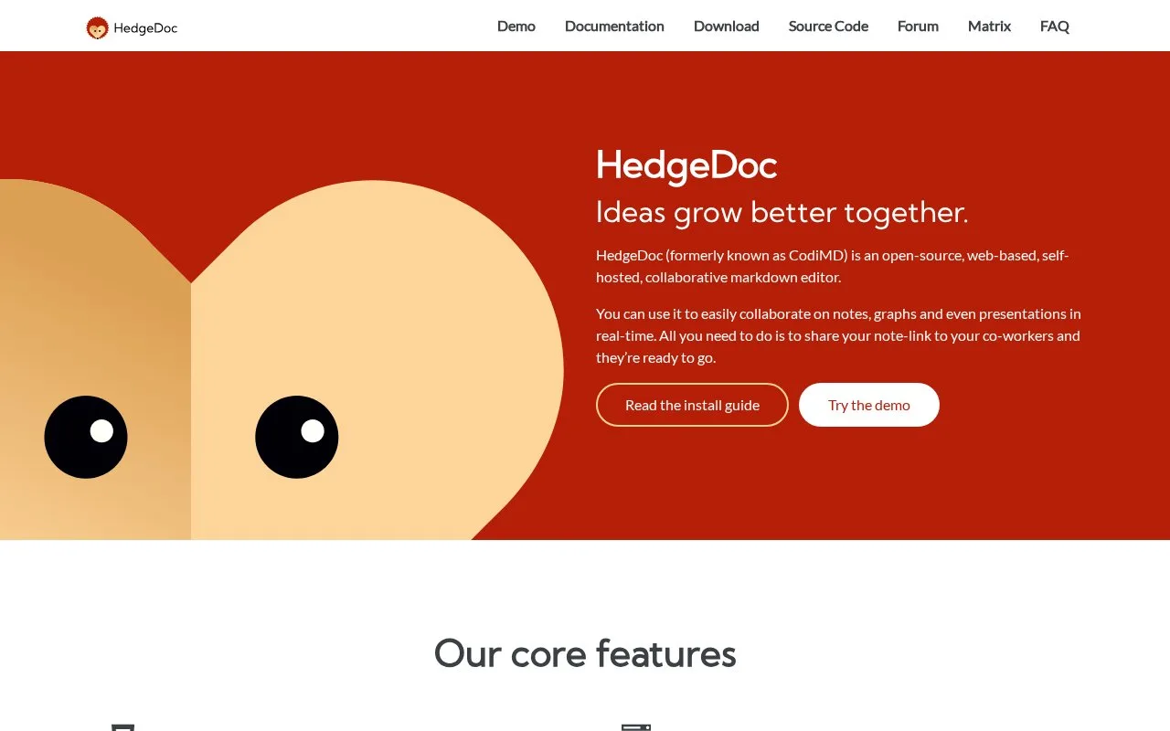 Screenshot of the HedgeDoc homepage