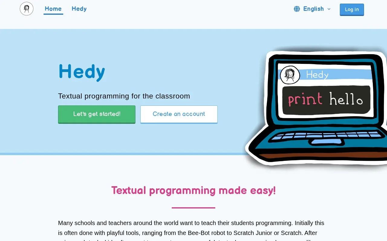 Screenshot of the Hedy homepage
