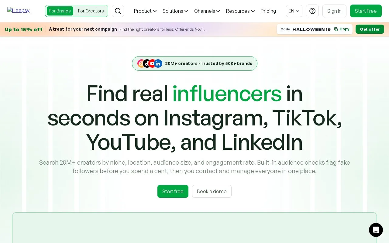 Screenshot of the Heepsy homepage