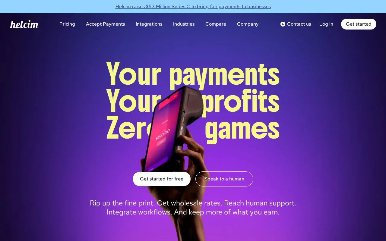 Screenshot of the Helcim homepage