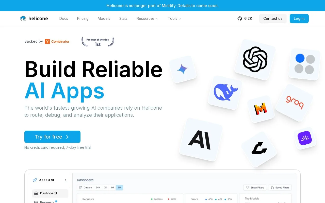 Screenshot of the Helicone homepage