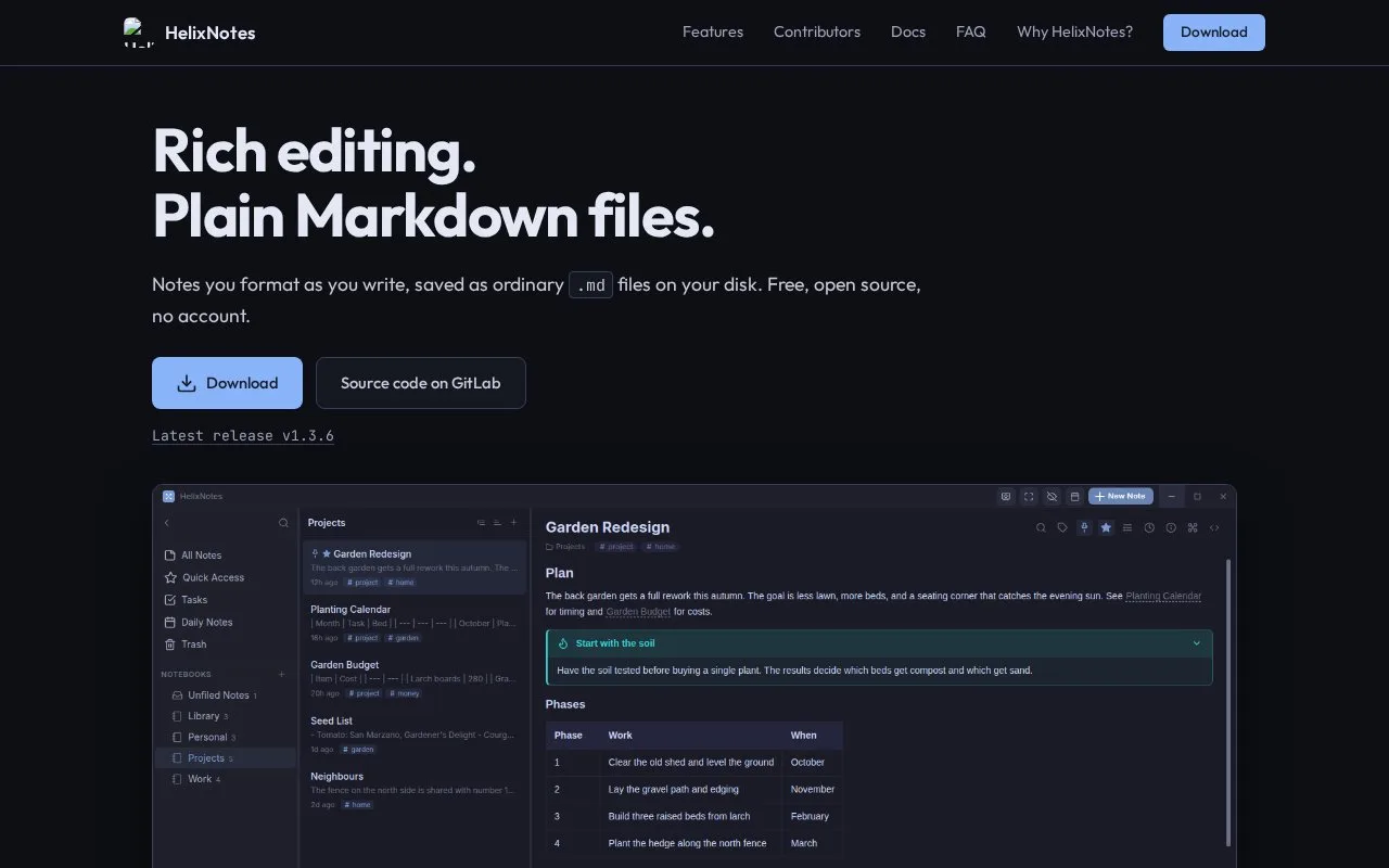 Screenshot of the HelixNotes homepage