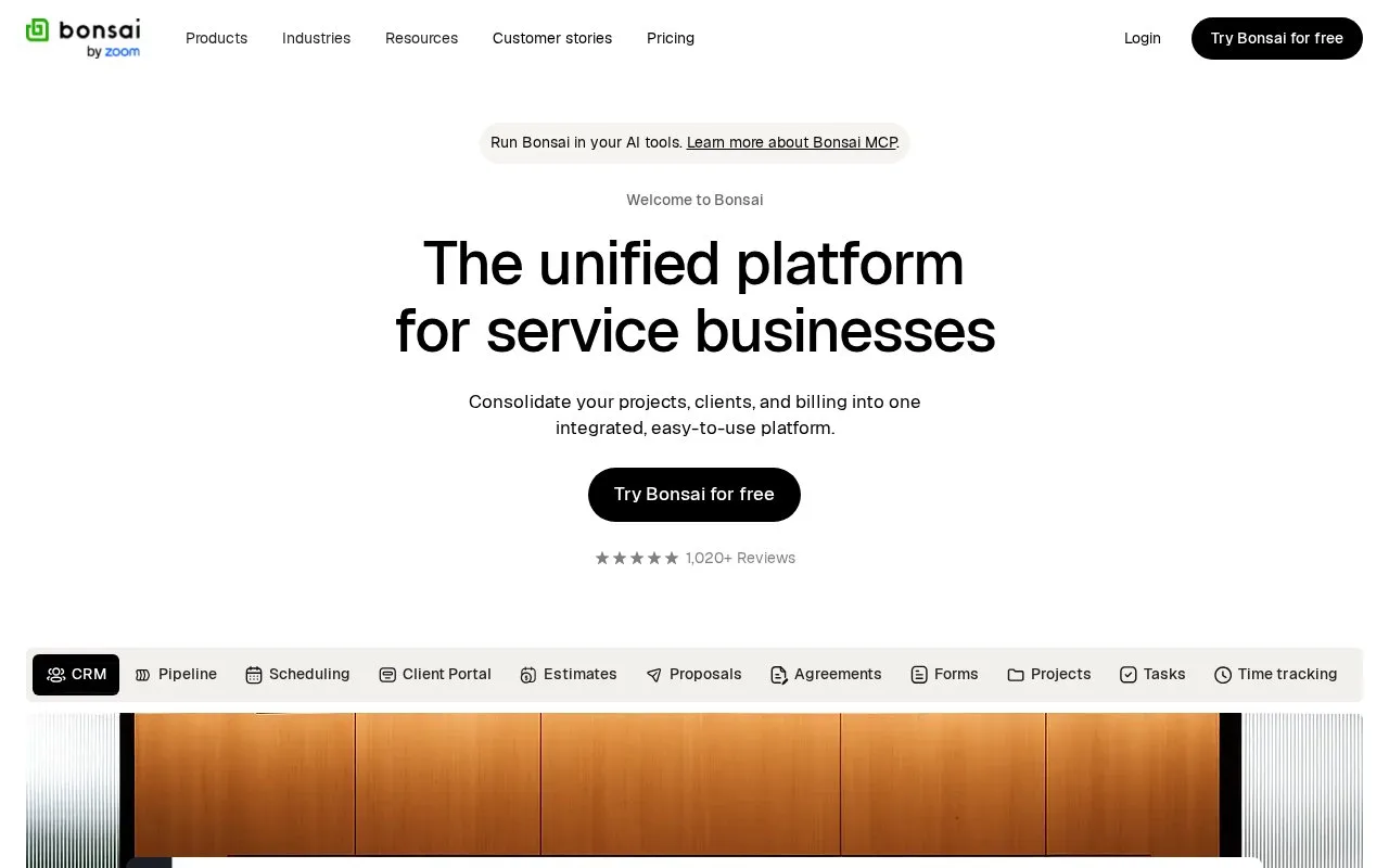 Screenshot of the Bonsai homepage