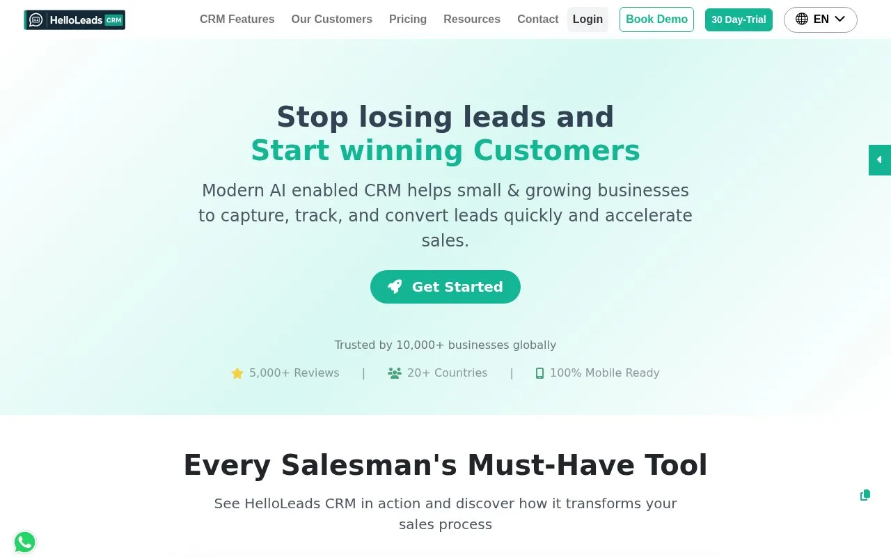 Screenshot of the HelloLeads homepage