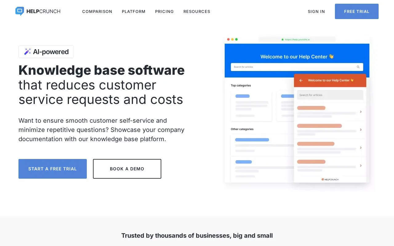 Screenshot of the HelpCrunch Knowledge Base homepage