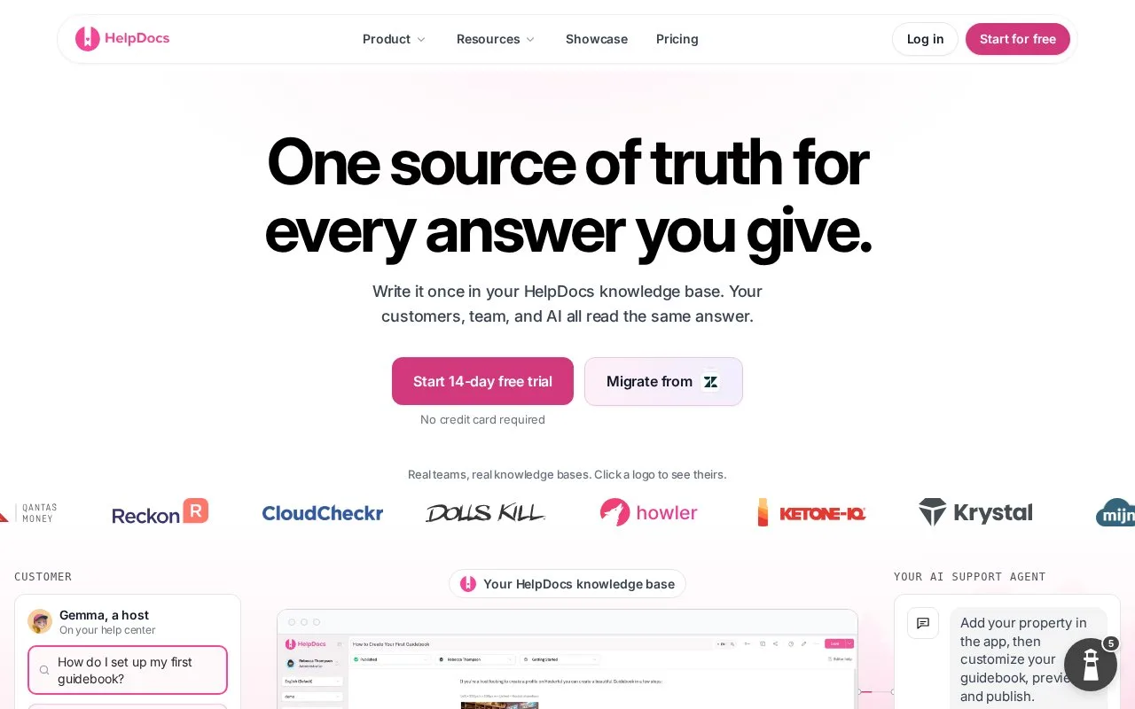 Screenshot of the HelpDocs homepage