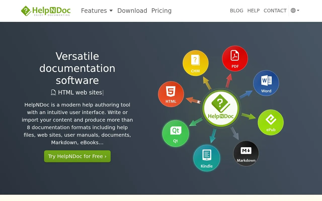 Screenshot of the HelpNDoc homepage