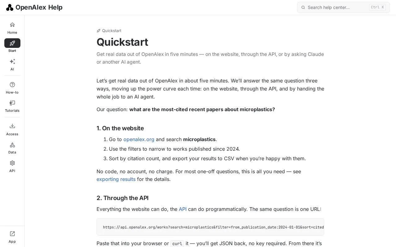 Screenshot of the OpenAlex API homepage