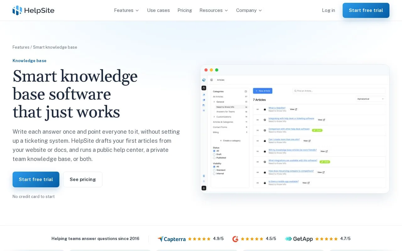 Screenshot of the HelpSite homepage