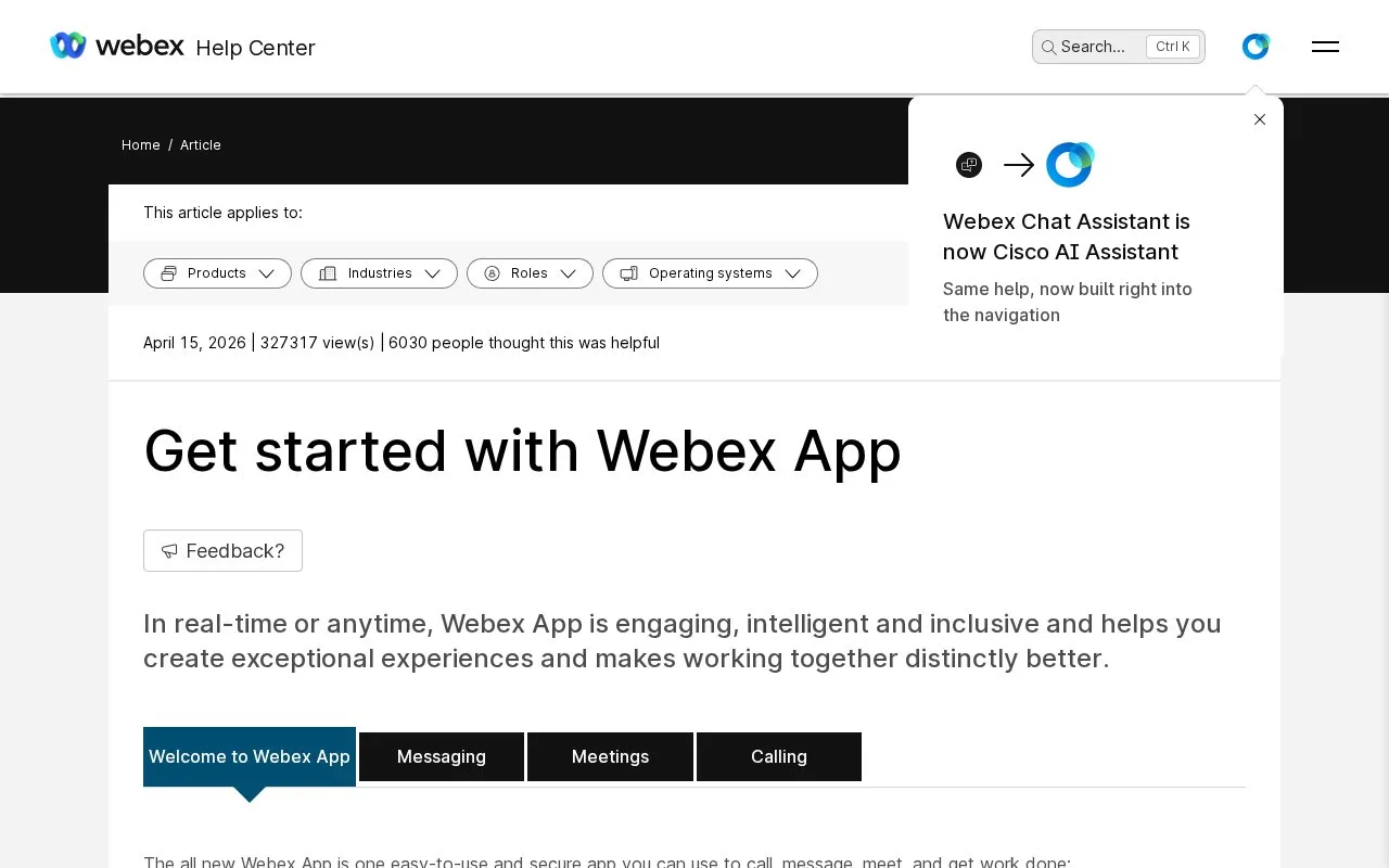 Screenshot of the Webex App homepage