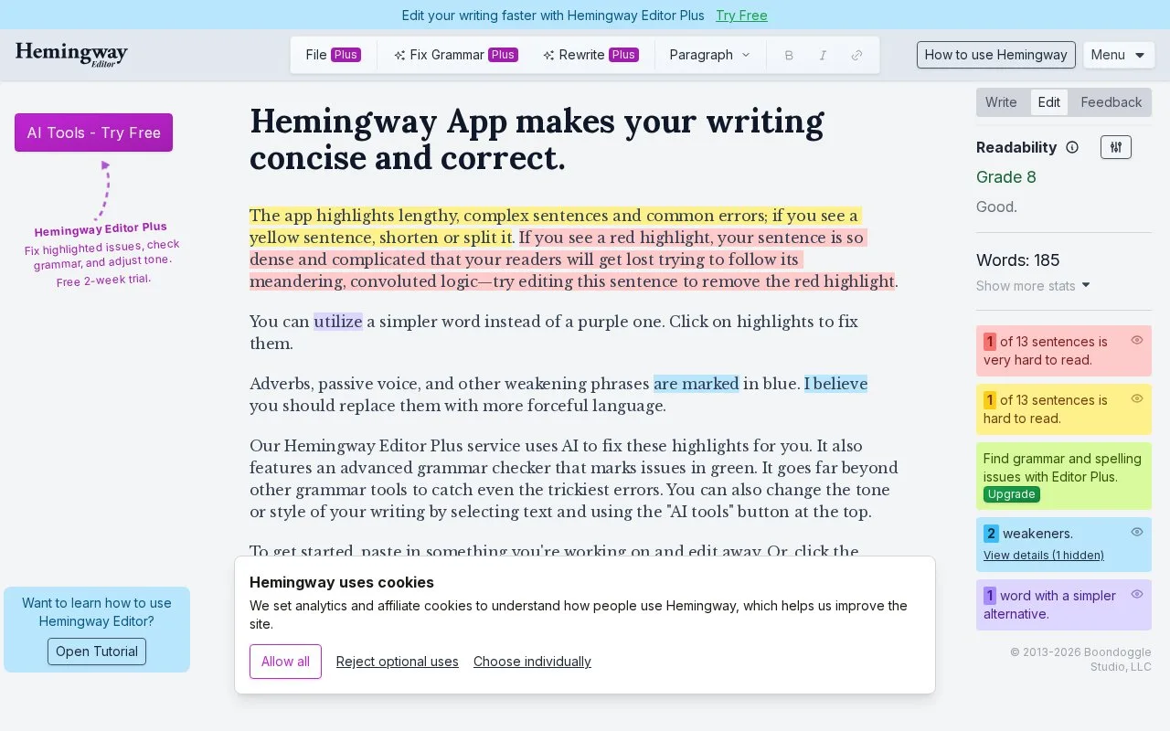 Screenshot of the Hemingway Editor homepage