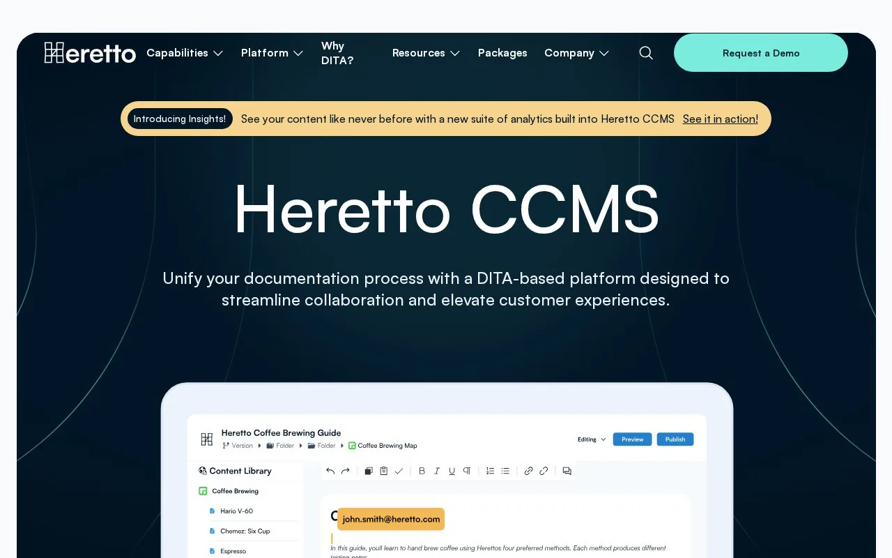 Screenshot of the Heretto CCMS homepage