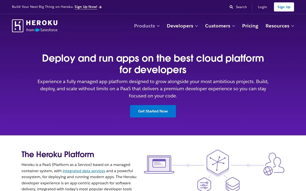 Screenshot of the Heroku homepage