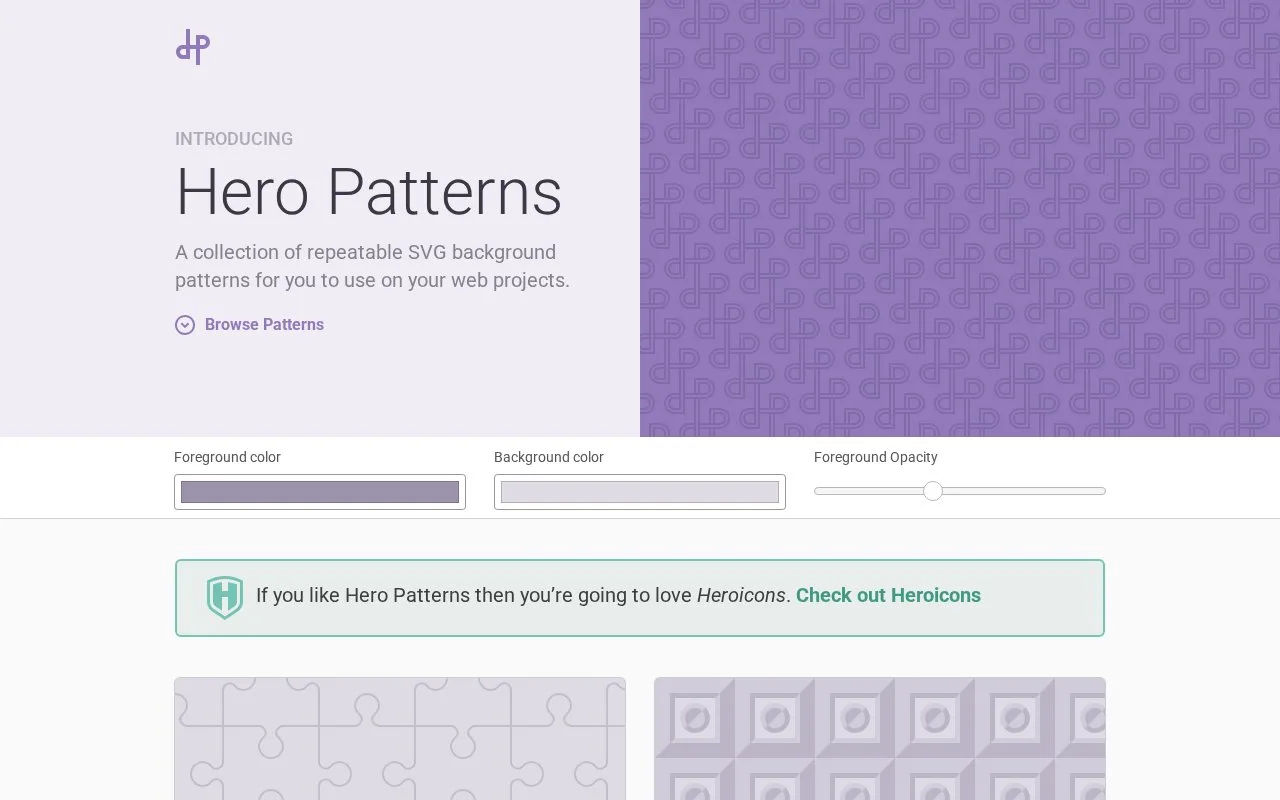 Screenshot of the Hero Patterns homepage